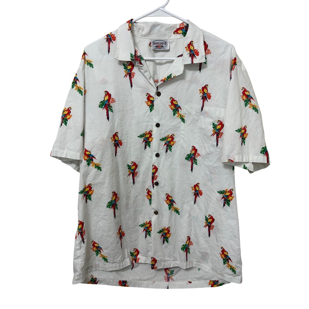 Pacific Legend Mens Large White Parrot Floral Print Hawaiian Aloha Shirt Cotton‎